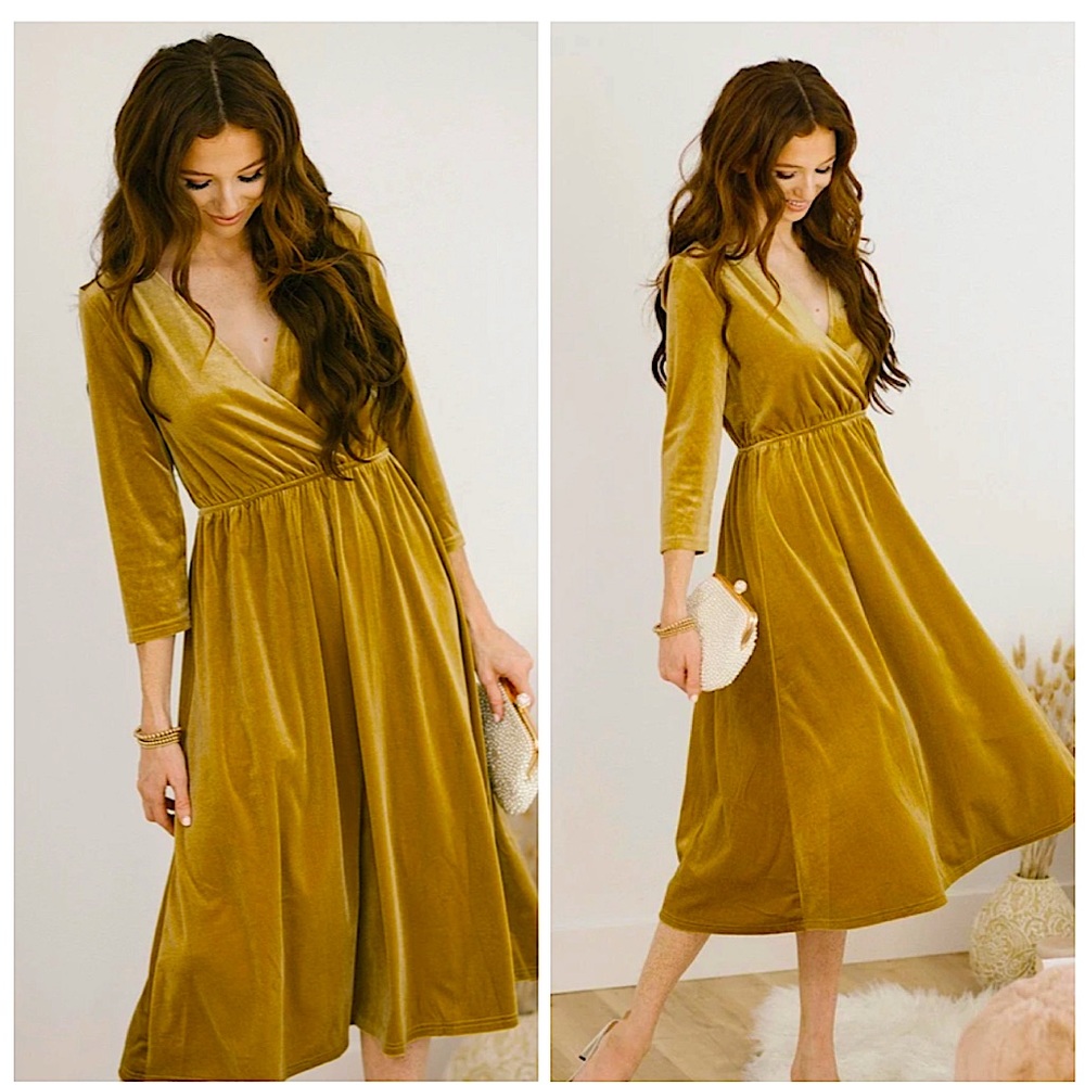 SOLD Gold Velvet 3/4 Sleeve V Neck  Midi Dress